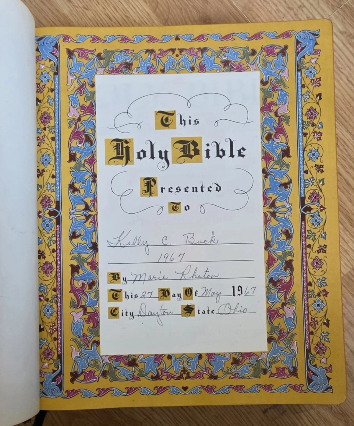 1955 Masonic Bible presentation page dated 1967