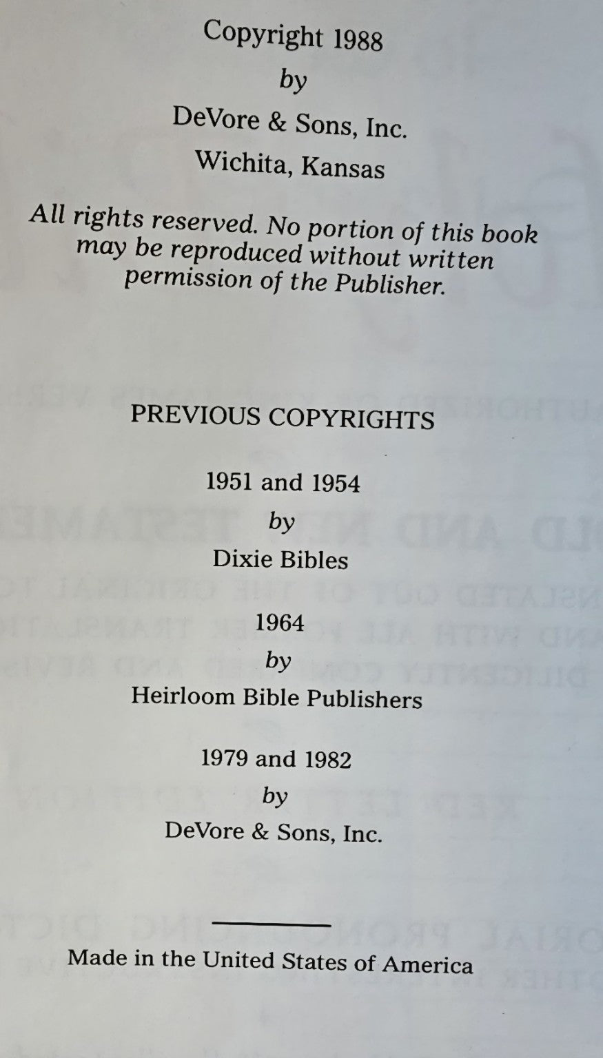 1988 DeVore and Sons copyright page