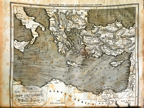 Engraved map of the places mentioned in the New Testament illustrating St. Paul's Travels from Collins Bible Stereotype Edition
