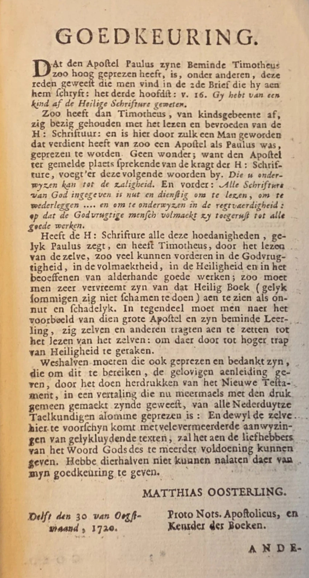 Goedkeuring approval page signed by Matthias Oosterling, Proto Notary Apostolic, Delft 30 August 1720
