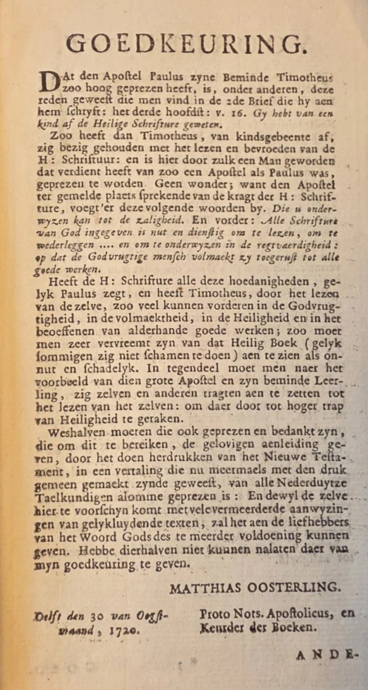 Goedkeuring approval page signed by Matthias Oosterling, Proto Notary Apostolic, Delft 30 August 1720