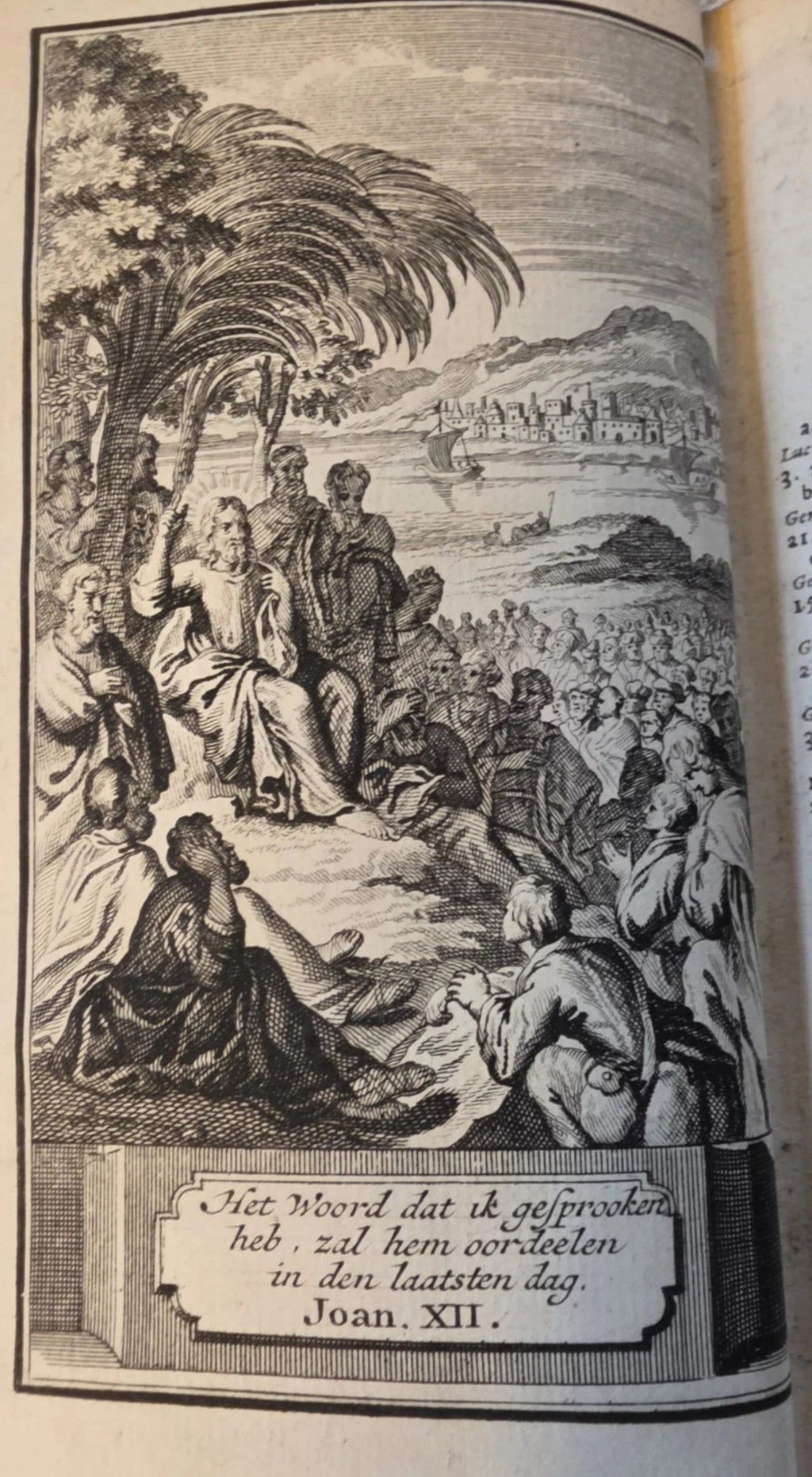 Copper plate engraving Joan XII — Christ teaching a multitude by the sea with Dutch caption, 1720 Dutch New Testament