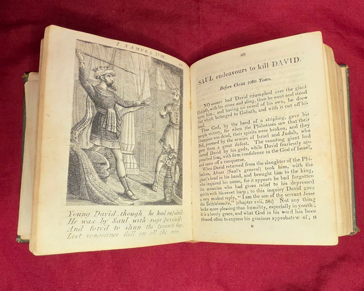 Scripture History Saul endeavours to kill David with engraved illustration