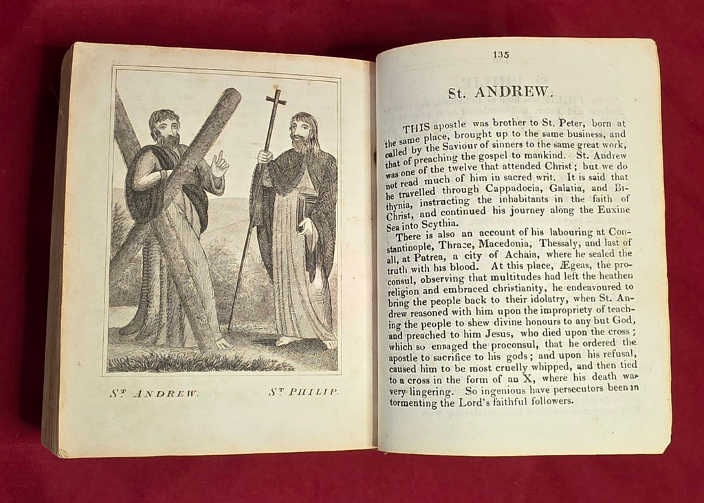 Scripture History St Andrew page with engraved St Andrew and St Philip illustration