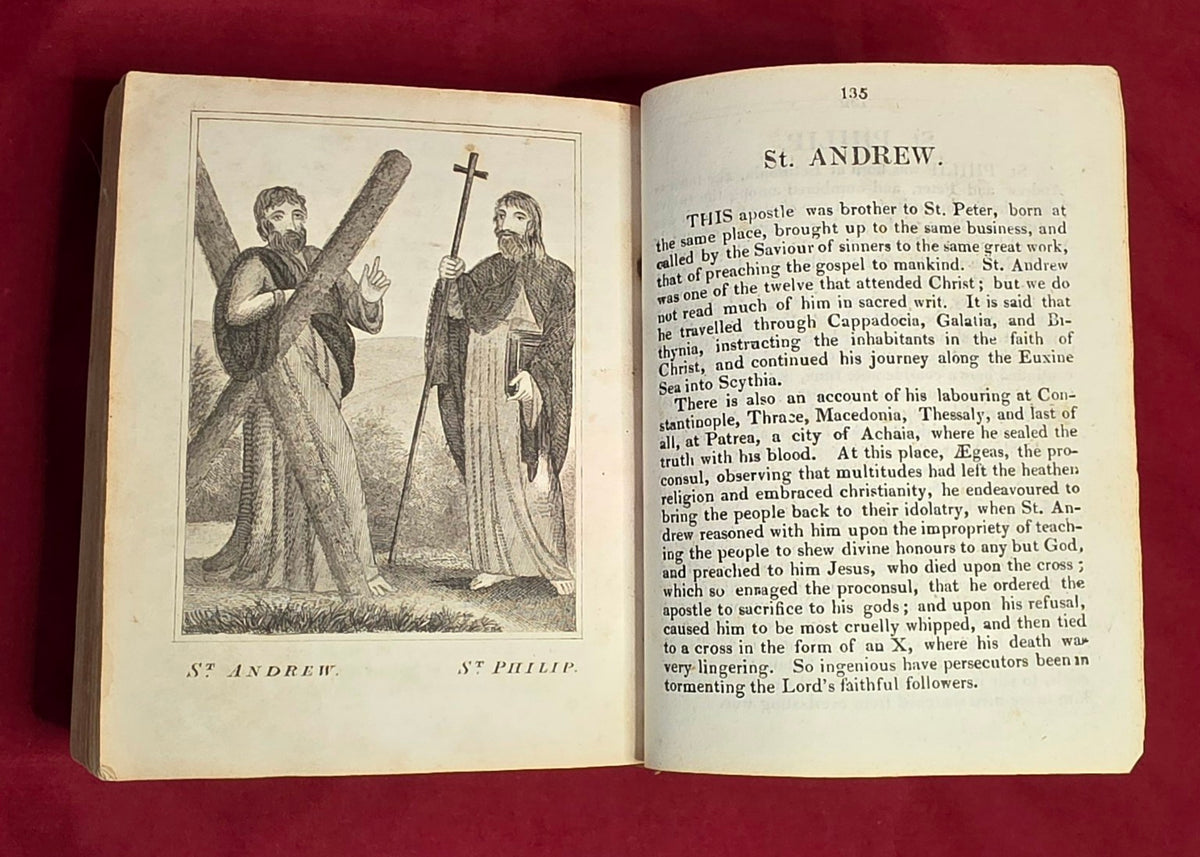 Scripture History St Andrew page with engraved St Andrew and St Philip illustration